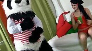 Sexy brunette girl in red tempts Panda porn video